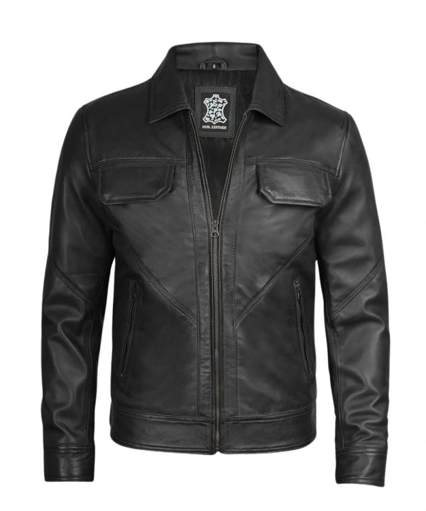 Mens Classic Harrington Real Leather Jacket Black