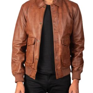 Mens Coffmen A2 Leather Bomber Jacket Brown