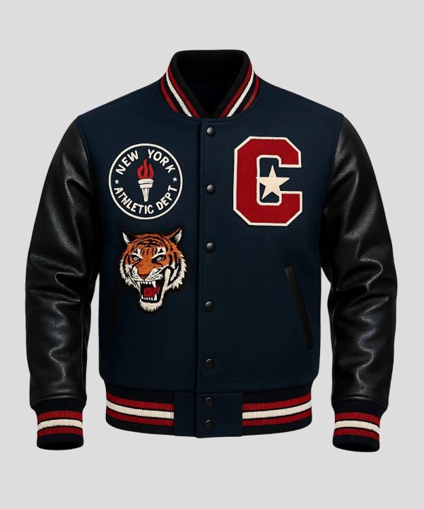 Mens College Bomber Varsity Jacket Black & Navy