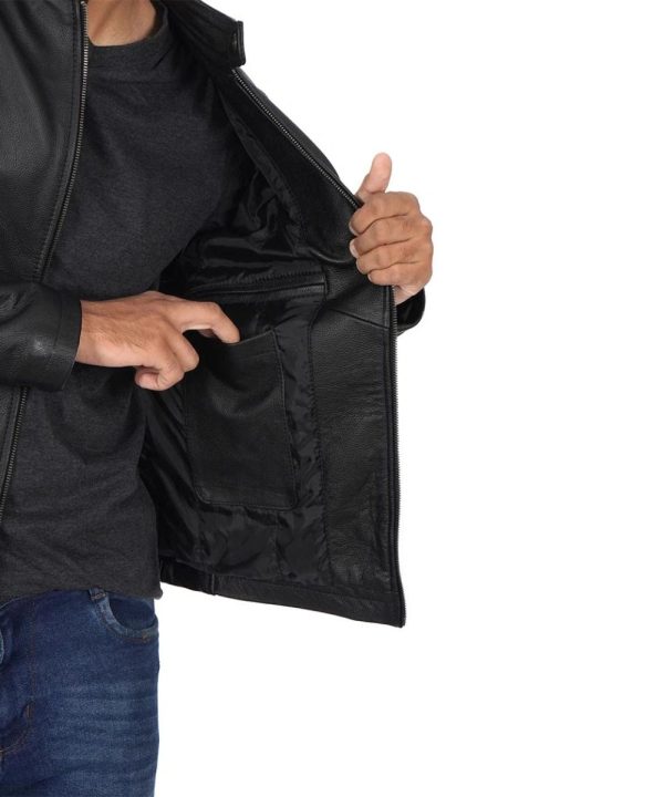 Mens Cowhide Leather Black Cafe Racer Jacket