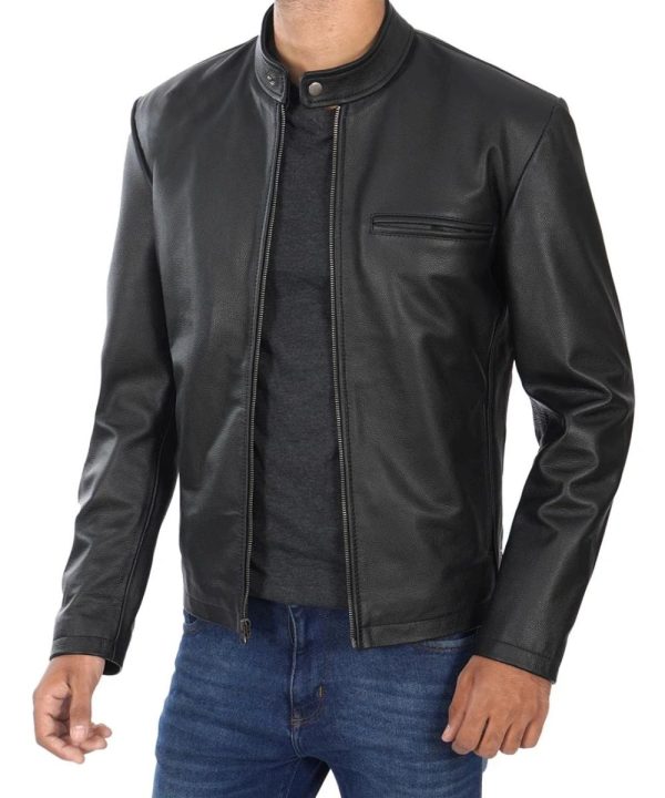 Mens Cowhide Leather Cafe Racer Jacket Black