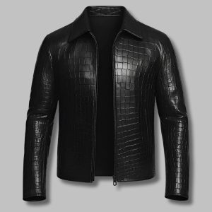 Mens Crocodile Pattern Black Leather Bomber Jacket