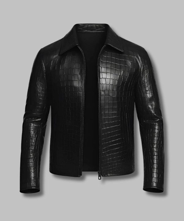 Mens Crocodile Pattern Black Leather Bomber Jacket