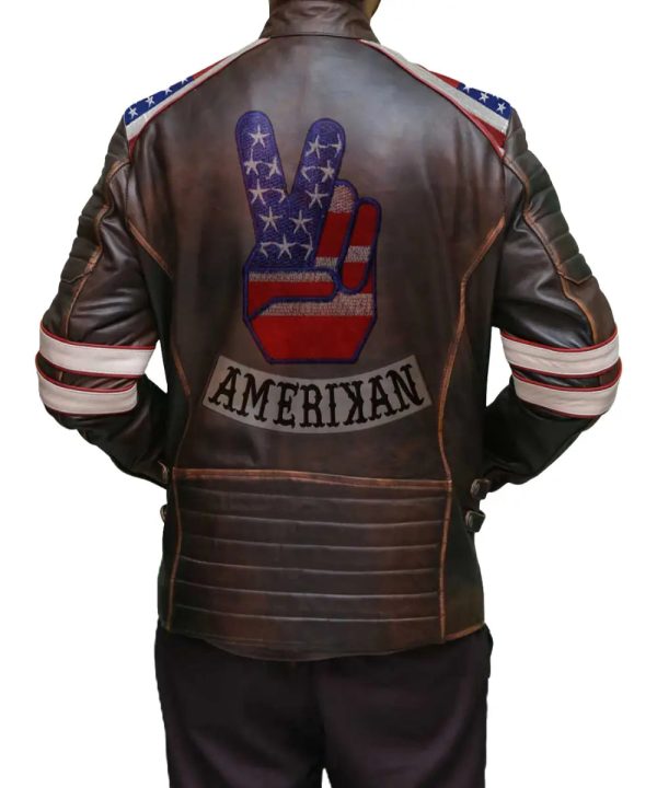Mens Dark Brown American Flag Leather Motorcycle Bomber Jacket