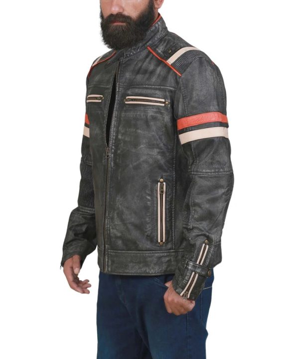 Mens Distressed Black Cafe Racer Leather Bomber Jacket Vintage