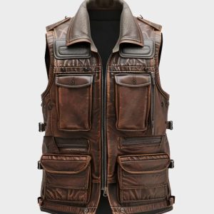 Mens Distressed Brown Military Style Leather Vest