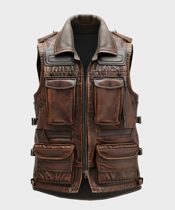 Mens Distressed Brown Military Style Leather Vest