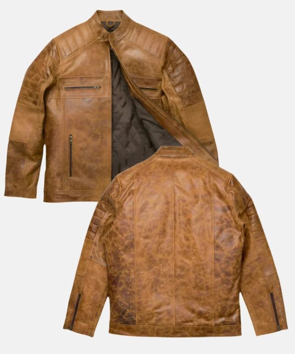 Mens Distressed Cafe Racer Genuine Leather Biker Bomber Jacket In Light Brown