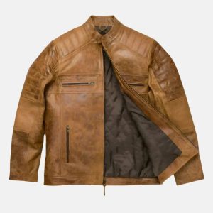Mens Distressed Cafe Racer Genuine Leather Biker Bomber Jacket Light Brown