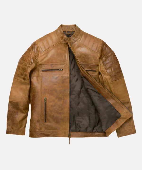 Mens Distressed Cafe Racer Genuine Leather Biker Bomber Jacket Light Brown