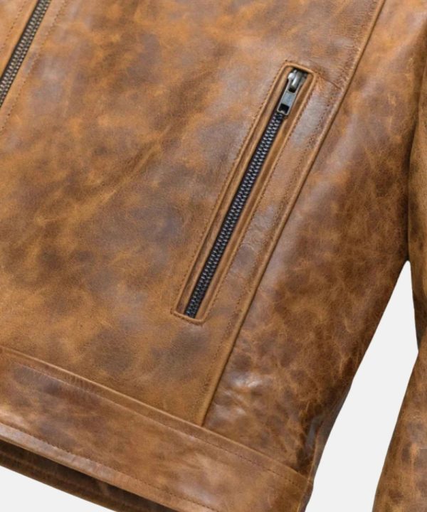 Mens Distressed Cafe Racer  Genuine Leather Bomber Jacket Light Brown