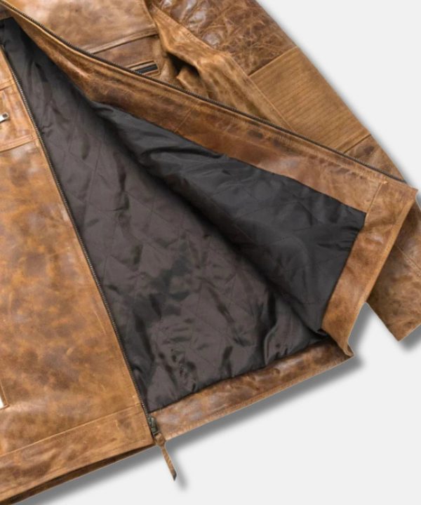 Mens Distressed Cafe Racer Genuine Leather Light Brown Biker Bomber Jacket