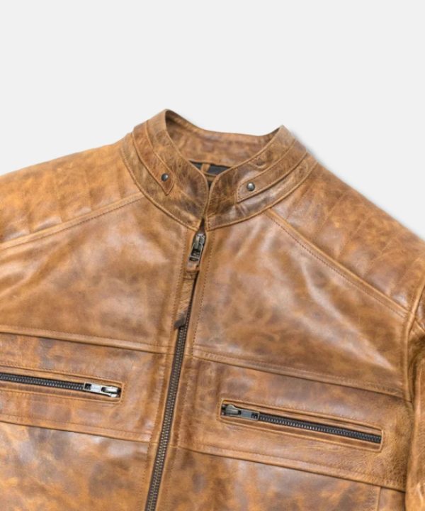 Mens Distressed Cafe Racer Light Brown Genuine Leather Bomber Jacket