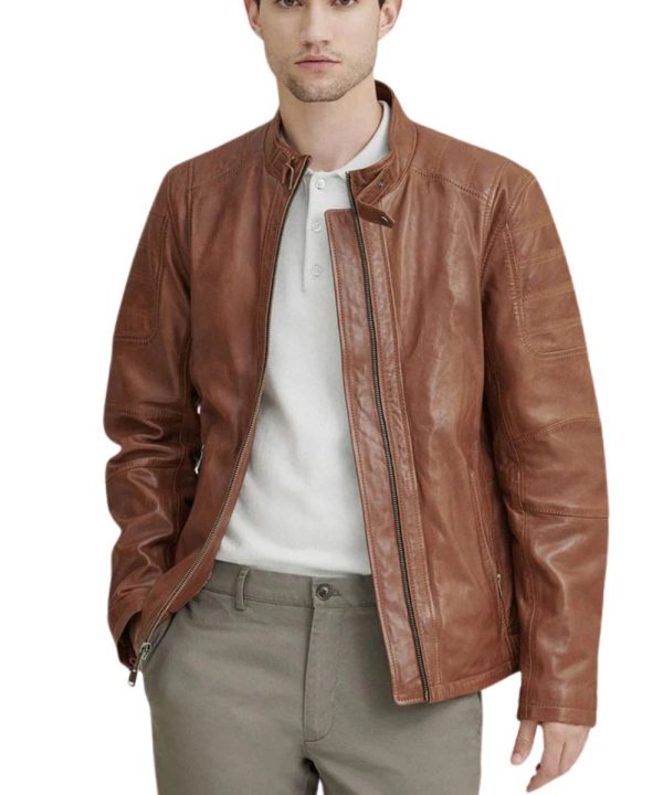 Mens FRYE Classic Leather Cafe Racer Jacket In Chocolate Brown