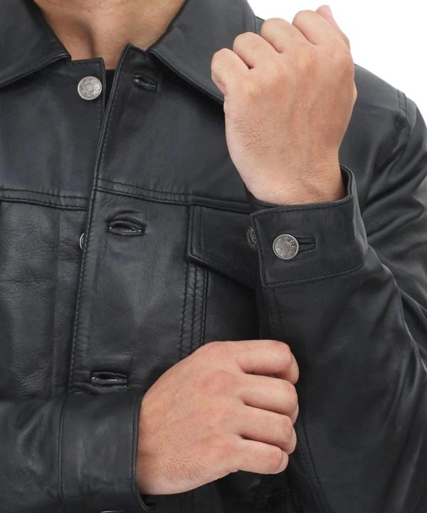Mens Fernando Black Leather Trucker Jacket