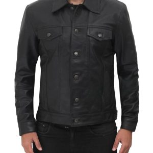 Mens Fernando Leather Trucker Bomber Jacket Black