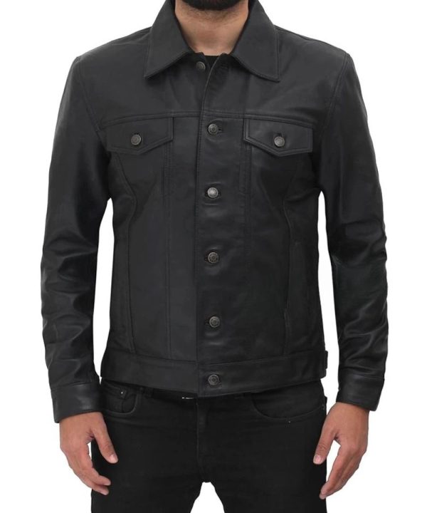 Mens Fernando Leather Trucker Bomber Jacket Black
