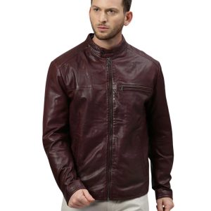 Mens Genuine Lambskin Maroon Leather Bomber Jacket