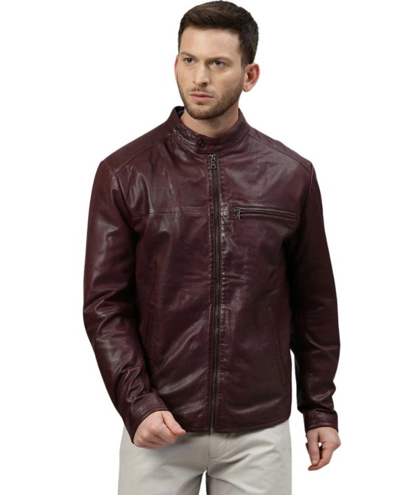Mens Genuine Lambskin Maroon Leather Bomber Jacket
