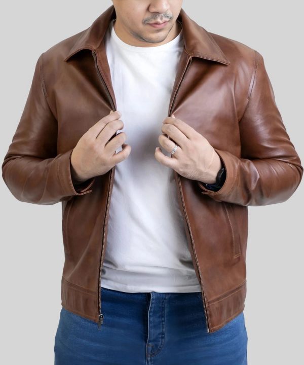 Mens Harrington Collar Brown Genuine Leather Jacket
