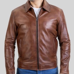 Mens Harrington Collar Genuine Leather Jacket Brown
