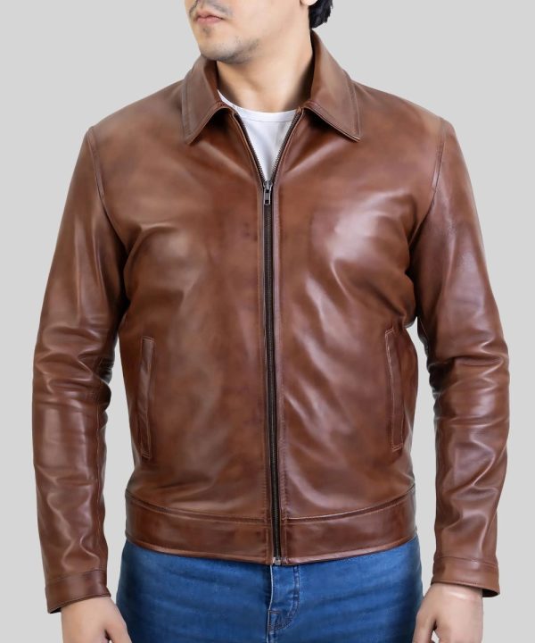 Mens Harrington Collar Genuine Leather Jacket Brown