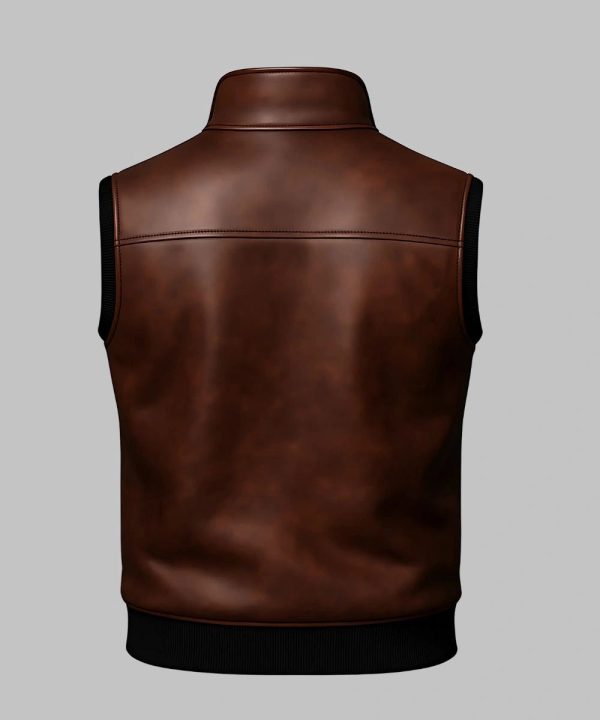 Mens High Neck Brown Half Zip Pullover Leather Vest