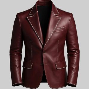 Mens Leather Burgundy Lapel Single Contrast Blazer