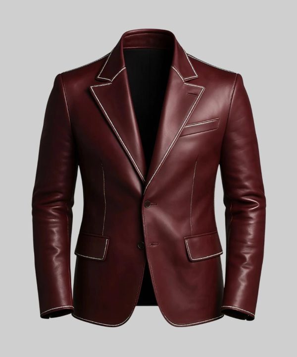 Mens Leather Burgundy Lapel Single Contrast Blazer