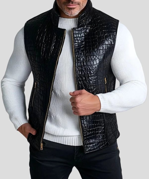 Mens Leather Crocodile Black Zipper Vest