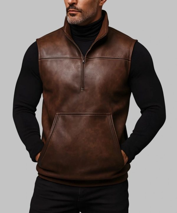 Mens Leather High Neck Half Zip Pocket Vest