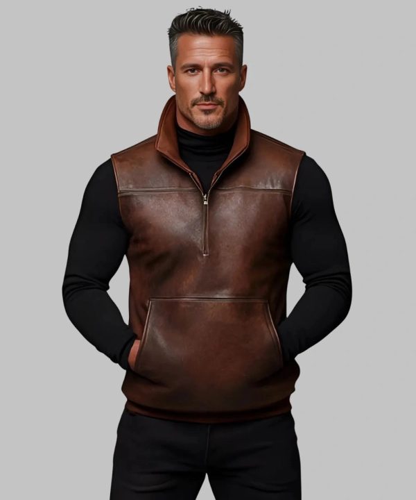 Mens Leather High Neck Half Zip Pocket Vest Brown