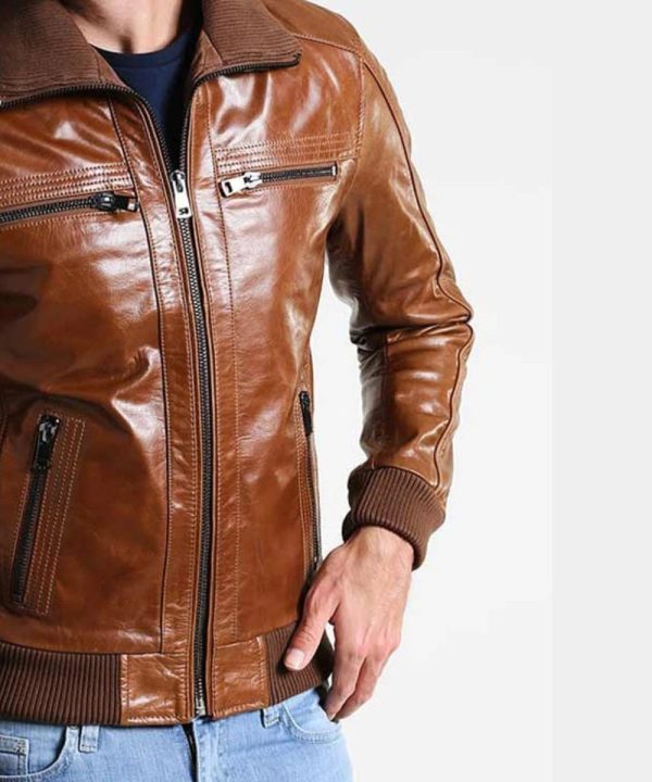 Mens Leather Shining Bomber Jacket Brown