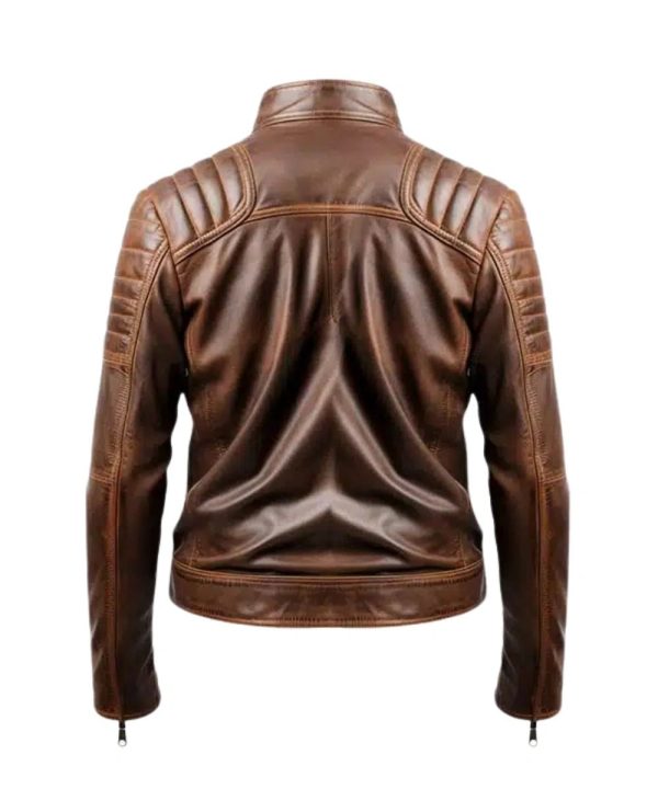Mens Leo Distressed Cafe Racer Leather Bomber Jacket Brown
