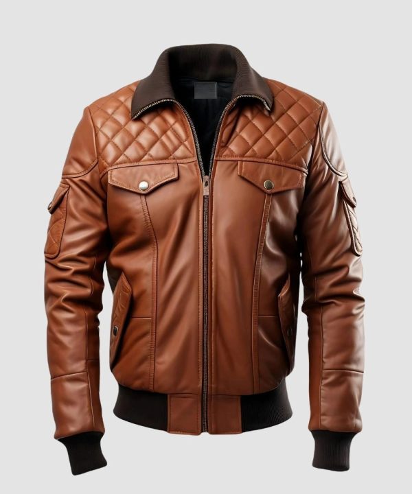 Mens Moto Brown Leather Bomber Jacket