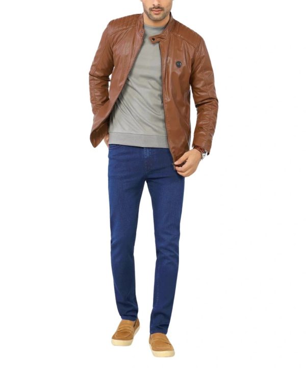 Mens Motorcycle Biker Bomber Brown Leather Jacket