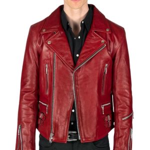 Mens Motorcycle Biker Bomber Leather Jacket Red