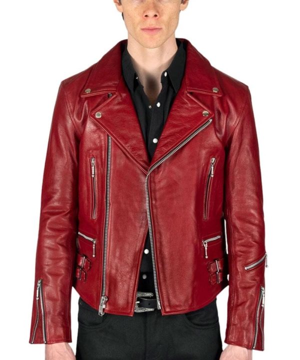 Mens Motorcycle Biker Bomber Leather Jacket Red