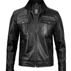 Mens Motorcycle Black Cafe Racer Real Leather Jacket