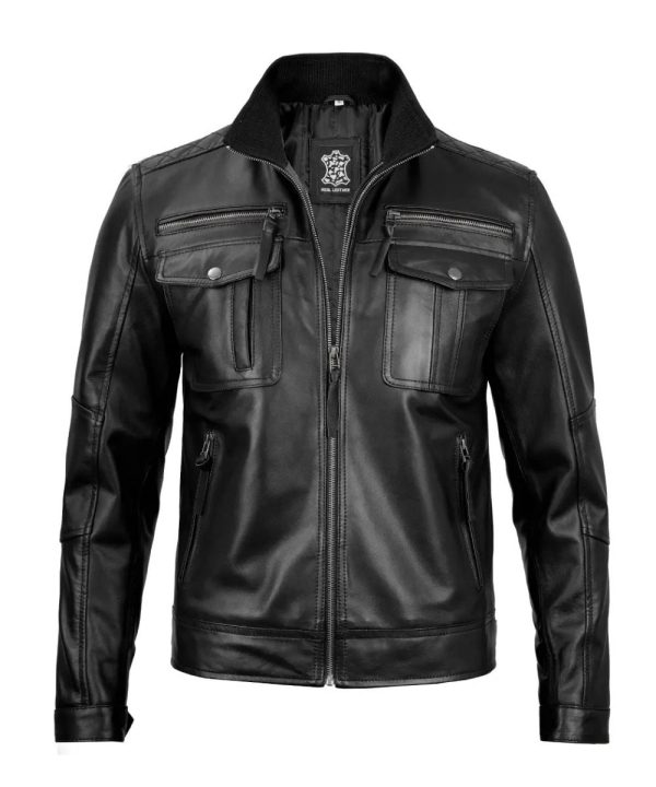 Mens Motorcycle Black Cafe Racer Real Leather Jacket
