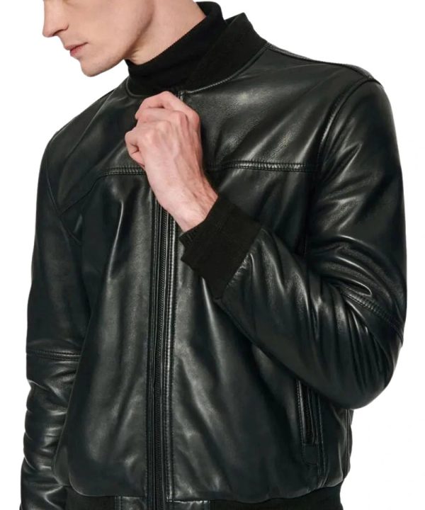 Mens Motorcycle Black Plain Leather Bomber Jacket