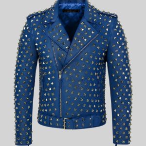 Mens Motorcycle Blue Studded Leather Jacket