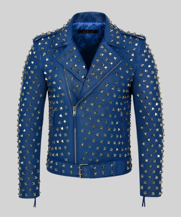 Mens Motorcycle Blue Studded Leather Jacket