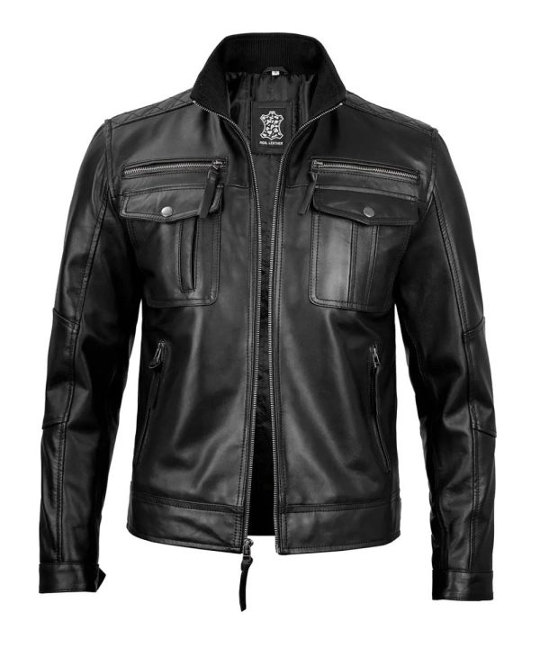 Mens Motorcycle Cafe Racer Real Leather Jacket Black