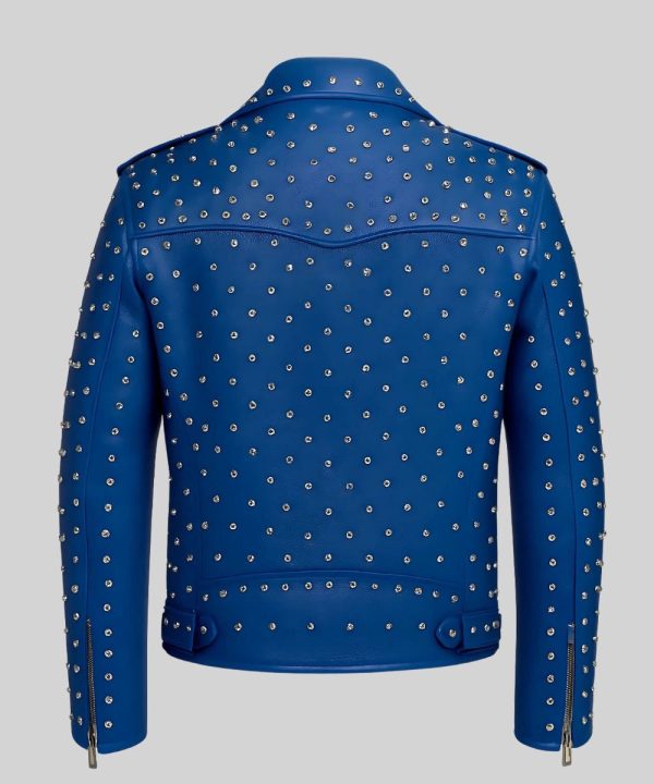 Mens Motorcycle Studded Blue Leather Jacket