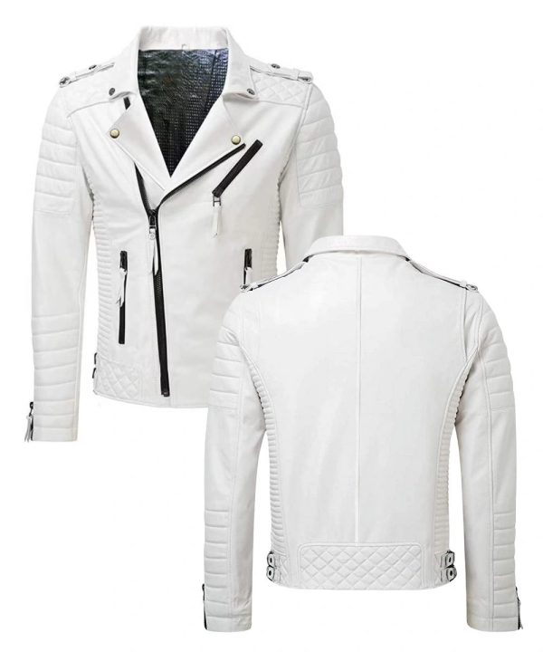 Mens Motorcycle White Biker Racer Leather Jacket