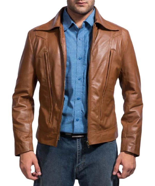 Mens Old School Motorcycle Brown Leather Jacket