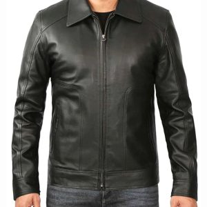Mens Plain Biker Leather Bomber Jacket Black