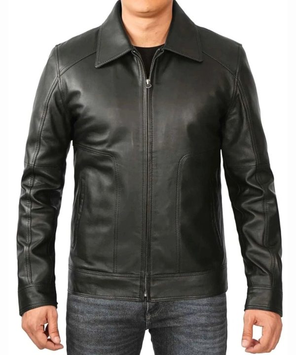 Mens Plain Biker Leather Bomber Jacket Black