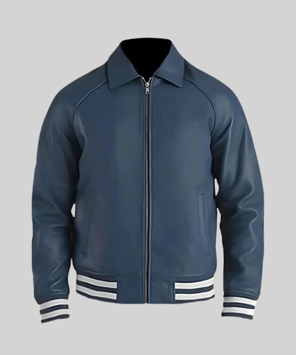 Mens Plain Blue Leather Varsity Jacket